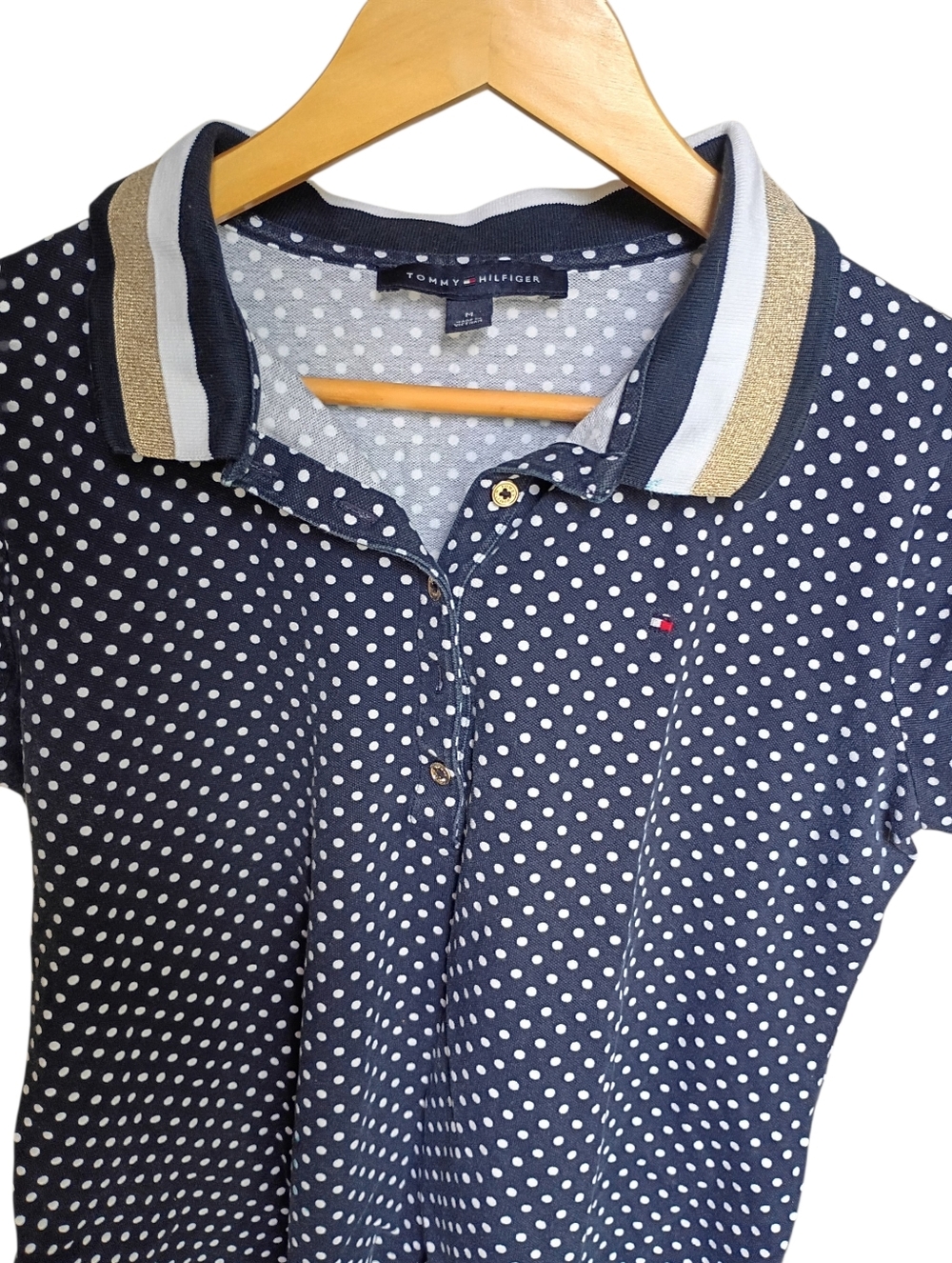 Tommy Hilfiger Navy Blue And Polkadot Polo Top Size Medium - Picture 4 of 7
